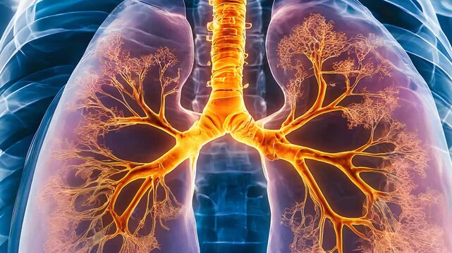 Detailed 3D medical illustration of human lungs with glowing respiratory pathways, showcasing bronchial anatomy and health.