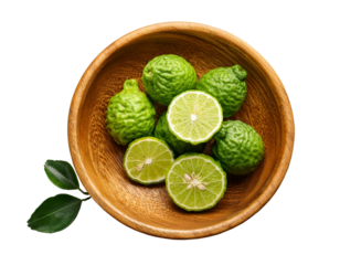 bergamot on wooden bowl, isolated on transparent background PNG, flat lay, top view