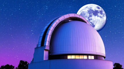 Observatory dome under a starry night sky with full moon