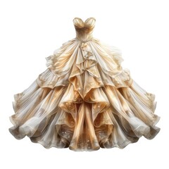 Elegant golden wedding gown with intricate ruffles displayed
