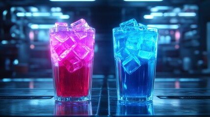 Futuristic cafÃ© with colorful drinks on sleek glass tables