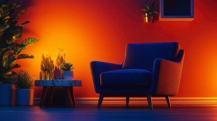 Cozy living room with velvet armchair and warm firelight ambiance