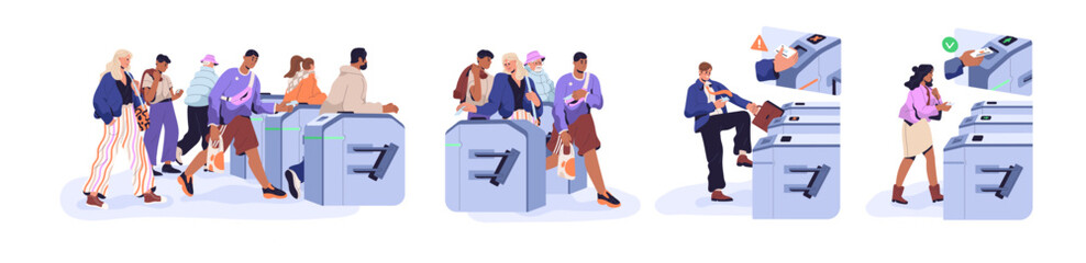 Obraz premium Turnstile entrances set. People pass tourniquet, barriers with cards of security access. Passengers enter, exit subway by control system. Flat isolated vector illustrations on white background