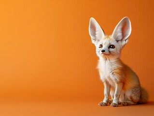 Obraz premium Fennec fox with large ears sitting alert on a bold orange background, highlighting its curious expression and exotic features