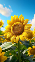 Obraz premium Sunflower Bliss, a vibrant field of sunflowers stretching under a clear blue sky, warm sunlight illuminating their golden petals.
