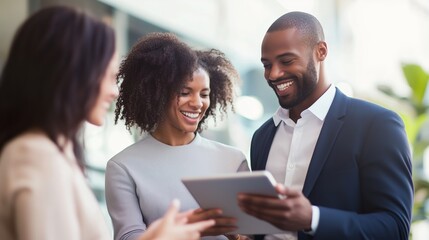 Professionals collaborating in an office setting while reviewing information on a tablet during a meeting in a modern workplace