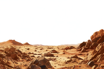 Realistic rendering of the Martian landscape, rocky terrain and dusty atmosphere of the Red Planet on a plain white background
