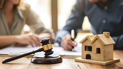Divorced couple signing property division papers with a gavel nearby