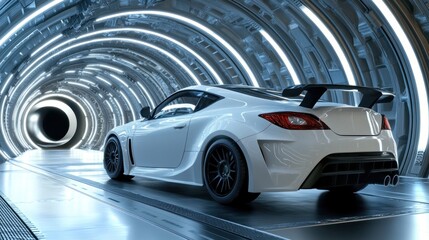 Obraz premium A sleek white sports car in a futuristic tunnel with bright lighting.
