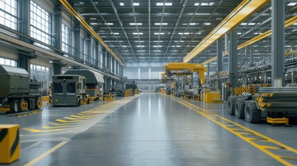 Fototapeta premium A spacious industrial warehouse with vehicles and machinery for manufacturing and logistics.