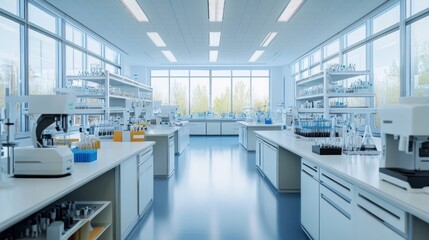 A modern laboratory filled with scientific equipment and glassware for research purposes.
