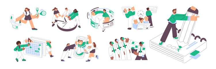 Time management and planning set. Concept of deadline. People work with schedule, timetable. Employees organize business tasks in calendar. Flat isolated vector illustrations on white background