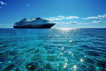 A stylish cruise ship on the sparkling, clear ocean, with a vivid, blue sky stretching endlessly above.