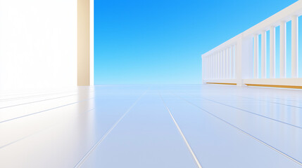 Obraz premium A serene outdoor space with a white wooden deck, a white railing, and a clear blue sky. 