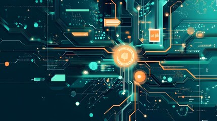 Abstract Futuristic Technology Circuit Board with Glowing Lines and Shapes