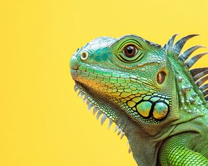 Fototapeta premium Neon green iguana against a bright yellow backdrop, showcasing its textured skin and calm pose, exotic pet photography