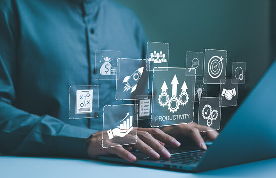 Increase productivity concept. Tools for increasing productivity in business. Productivity icons, business growth, and financial success enhance efficiency and achieve business objectives.