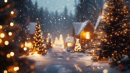 Christmas village background. Christmas tree close up with blurred holiday lights, gifts and forest neighborhood backdrops
