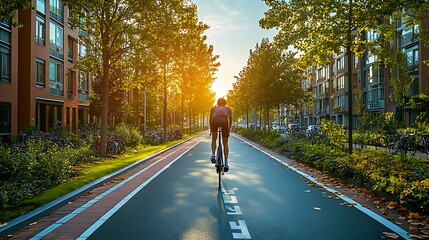 A cyclist cruising down a clean, modern bike lane with city buildings on one side and a park on the other, surrounded by greenery and bright morning sunlight, emphasizing sustainable transportation.