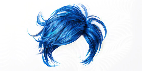 Edgy asymmetrical hair wig with shaved sides and vibrant blue highlights, isolated on white background, front view, fashionable hairstyle concept.