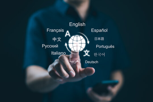 Multilingual Language Translation, Communication Concept. A person with icons various languages, global language translate, multilingual technology, and international connections. AI Translator,