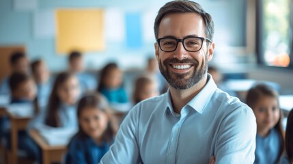 Obraz premium Portrait of smiling male teacher in a class at elementary school looking at camera