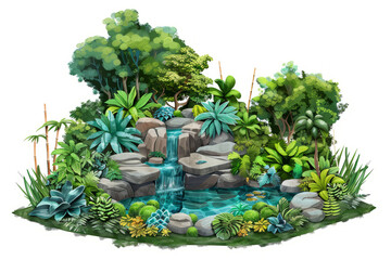 Visualize a garden oasis with green bushes and a water feature, the plants on a white background.