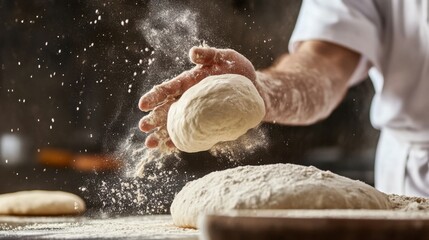 Obraz premium Chef Tossing Pizza Dough in a Flour-Dusted Kitchen