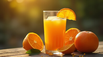 A tall glass filled with vibrant orange juice sits on a wooden table, accompanied by fresh oranges. The warm glow of sunset enhances the scene
