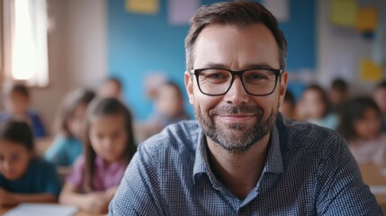 Obraz premium Portrait of smiling male teacher in a class at elementary school looking at camera