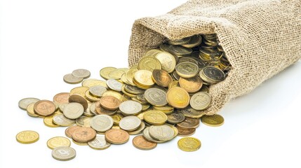 Euro Coins in a Burlap Sack Spilled on Surface