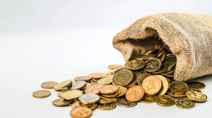 Burlap Sack Overflowing with Coins for Savings Concept