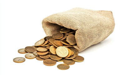 Burlap Sack Overflowing with Coins for Savings Concept