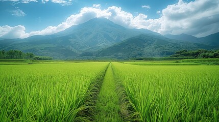 Fototapeta premium A green rice field, with mountains in the distance and a blue sky in the background. Generative AI.
