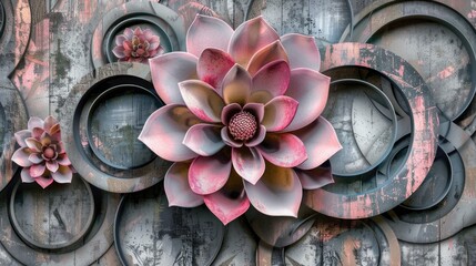 Three-Dimensional Flower Circles in Pink and Grey. Abstract Floral Poster for Wall or Kitchen Wallpaper