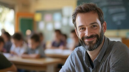 Obraz premium Portrait of smiling male teacher in a class at elementary school looking at camera
