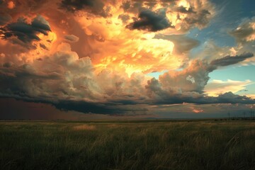 Fototapeta premium Thunderstorm Clouds. Dark Storm Clouds Covering Field at Sunset