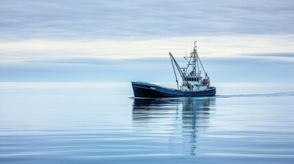 A fishing boat glides through calm waters under a serene sky.