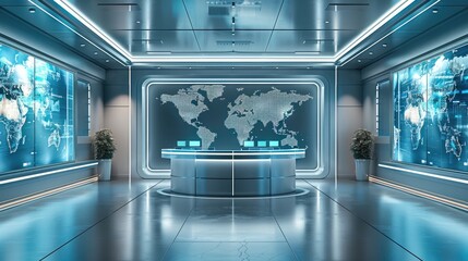 A virtual studio set for news, with a large LED panel display showing a global map and news graphics. The modern design includes sleek silver furniture for the anchor desk. Generative AI.