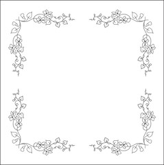 Fototapeta premium Elegant black and white vegetal ornamental frame with violet flowers, decorative border, corners for greeting cards, banners, business cards, invitations, menus. Isolated vector illustration. 
