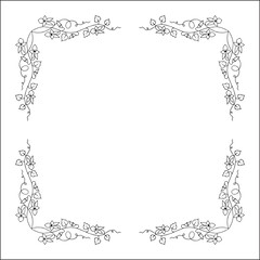 Elegant black and white vegetal ornamental frame with violet flowers, decorative border, corners for greeting cards, banners, business cards, invitations, menus. Isolated vector illustration.	