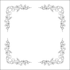 Elegant black and white vegetal ornamental frame with violet flowers, decorative border, corners for greeting cards, banners, business cards, invitations, menus. Isolated vector illustration.	