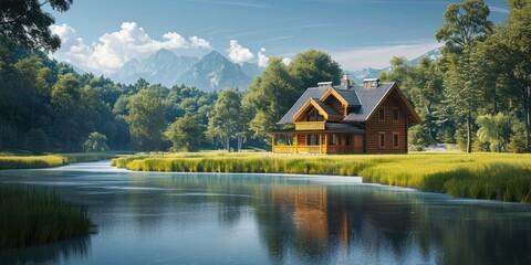 Fototapeta premium Beautiful traditional dark yellow wooden house with green lawn and clear river. Generative AI.