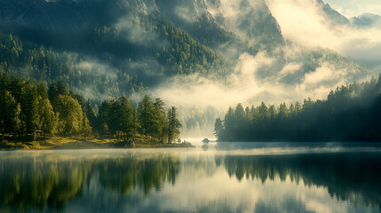 Fototapeta premium Serene misty mountain lake with ethereal mood reflecting forest and peaks at dawn