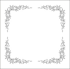 Elegant black and white vegetal ornamental frame with violet flowers, decorative border, corners for greeting cards, banners, business cards, invitations, menus. Isolated vector illustration.	