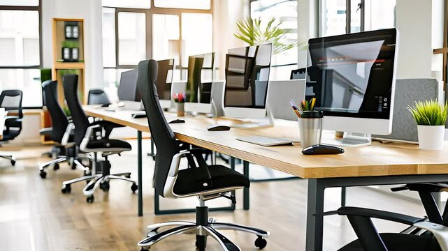 Modern open office workspace with sleek desks, ergonomic chairs, natural lighting, and contemporary design for productivity.