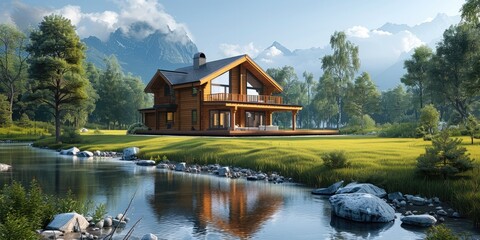 Fototapeta premium Beautiful traditional dark yellow wooden house with green lawn and clear river. Generative AI.