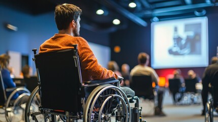 A presentation on new disability technology at a tech conference, showcasing advancements