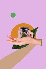 Vertical poster collage hands body fragments take picture camera shooting photographer hobby professional paparazzi green leaf