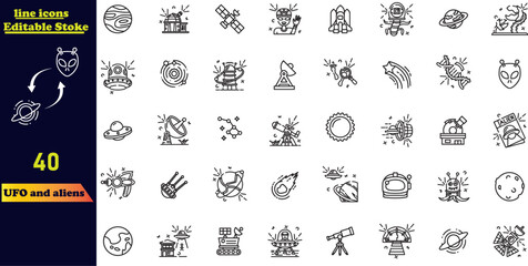 UFO and alien stroke icon collection featuring icons such as alien, spaceship, encounter, invasion, space gun, Martian, creature, Area 51, and more. Outline stroke icon set.